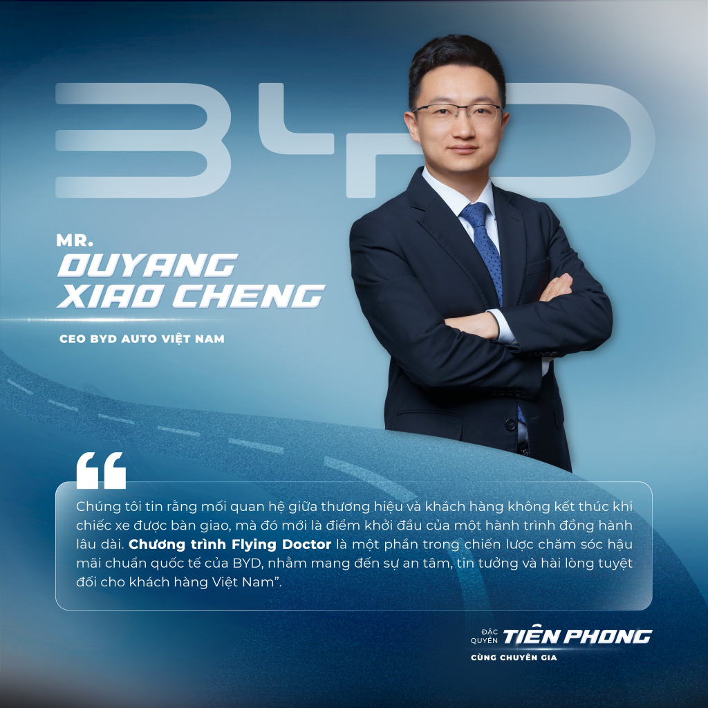 Ông Ouyang Xiao Cheng, CEO BYD Auto Việt Nam, phát biểu về chương trình hậu mãi Flying Doctor và cam kết chăm sóc khách hàng tại Việt Nam.